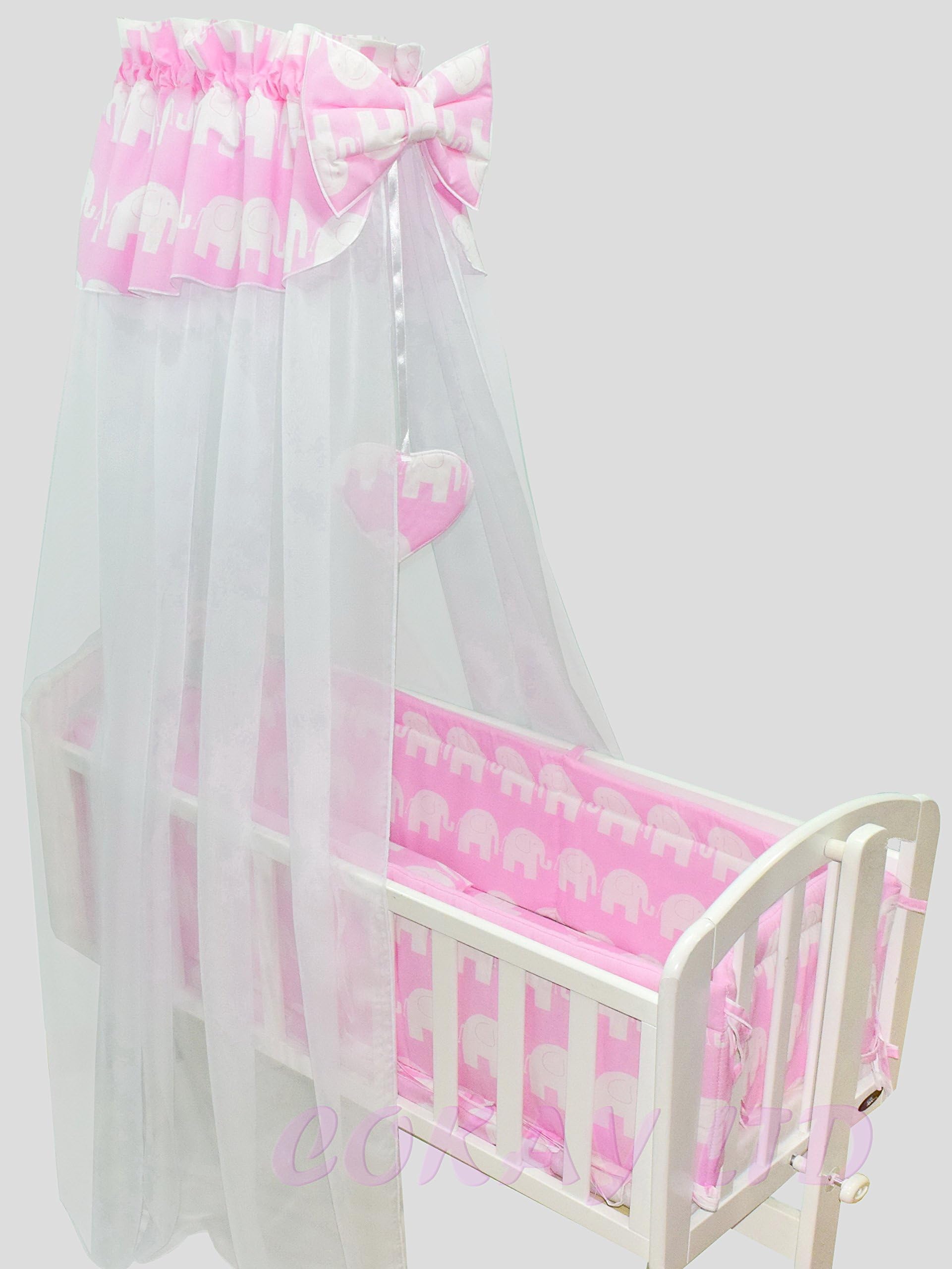 10 pcs Crib Bedding Set/Bumper All Round/Sheet/Duvet/Canopy/Free Standing Canopy Holder (Pink Elaphants)