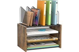 DAOUTIME 4-Tier Desk Organizer, Desk File Organizer with 5 Vertical File Holders, Office Desktop Organizer with 3 Level Paper Organizer Letter Tray, Wooden Desk Organizers and Accessories for Home Office