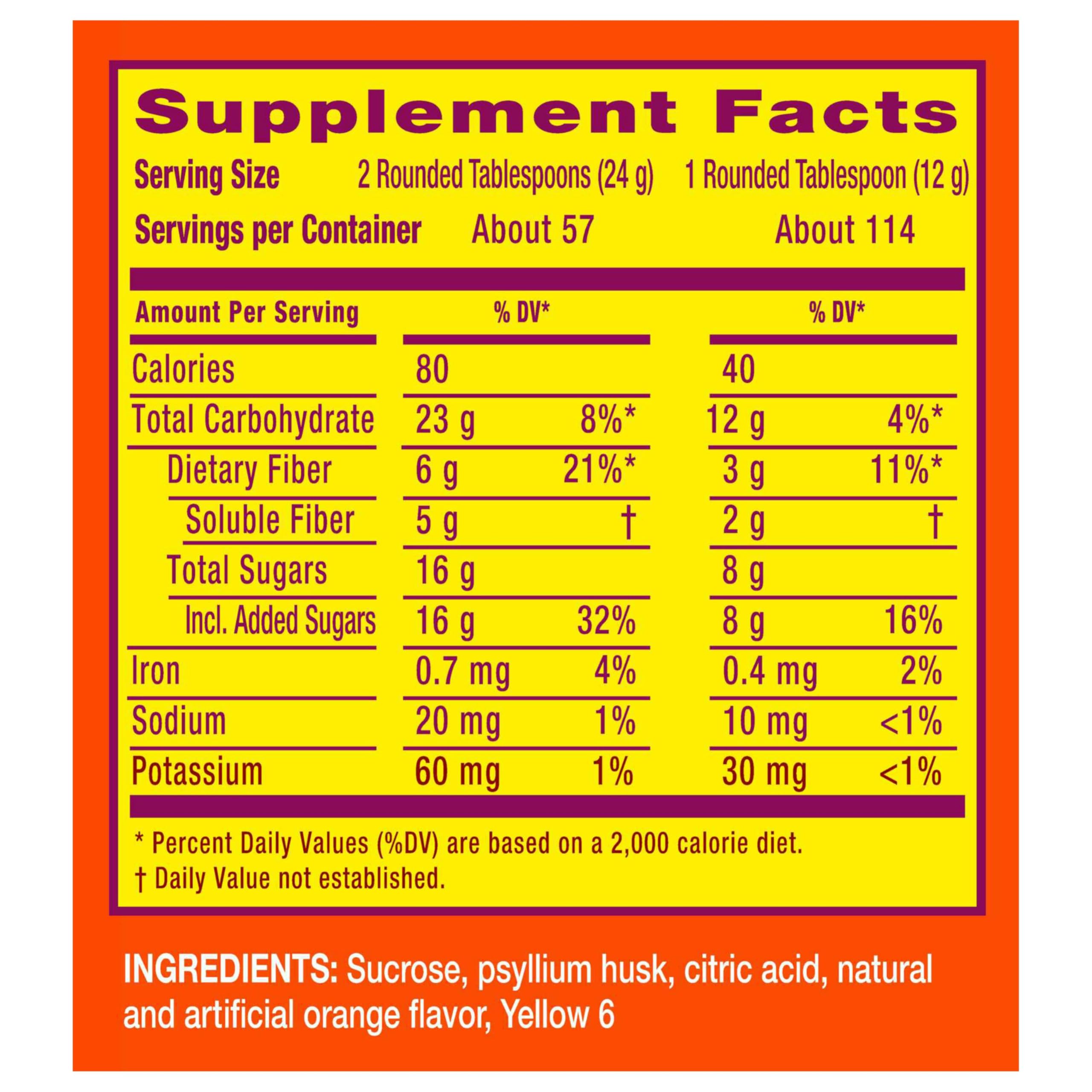 Metamucil 4-in-1 Psyllium Husk Fiber Supplement, Real Sugar, 114 tablespoons, Orange Flavored, Daily Fiber Powder for Digestive Health, made with Plant-Based Psyllium Husk Fiber