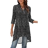 Naggoo Women's 3/4 Sleeve Notch V Neck High Low Loose Fit Long Tunic Tops Shirts Blouses M-3XL