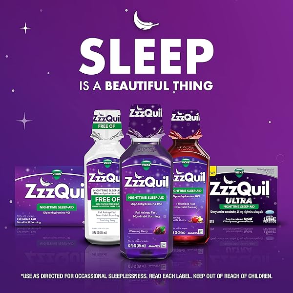 ZZZQUIL, NIGHTTIME SLEEP AID LIQUID, FREE OF ALCOHOL & ARTIFICIAL DYES, 50 MG DIPHENHYDRAMINE HCL, NO.1 SLEEP AID BRAND, FALL ASLEEP FAST, NON-HABIT FORMING, SOOTHING BERRY FLAVOR, 12 FL OZ