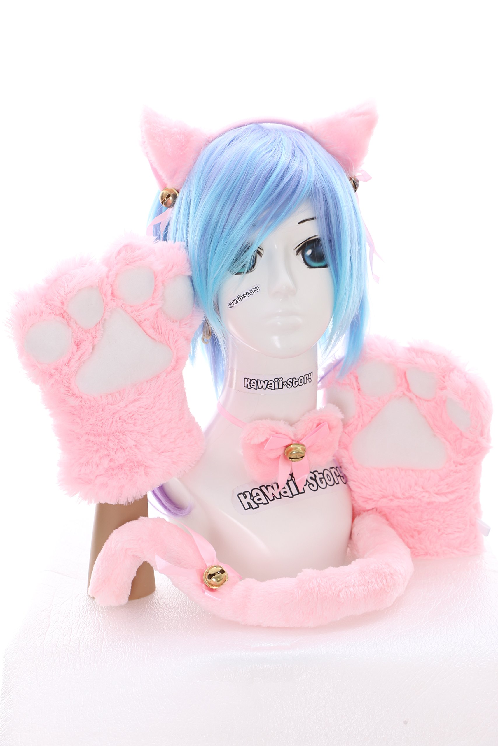 C-20 3 Pink Cats Tail Collar Gloves Ears Alice Band Set 5 Pieces Lolita Maid Cosplay