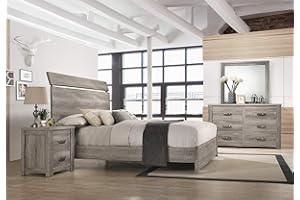 Roundhill Furniture Floren Contemporary Weathered Gray Wood Bedroom Set, Queen Panel Bed, Dresser, Mirror, Nightstand