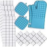 Oven Mitts and Pot Holders Set with Kitchen Towels and Dishcloths, 500 Degree Heat Resistant Oven Gloves and Hot Pads, Premium Soft Cotton Kitchen Hand Towels and Dish Cloth Sets (Turquoise)