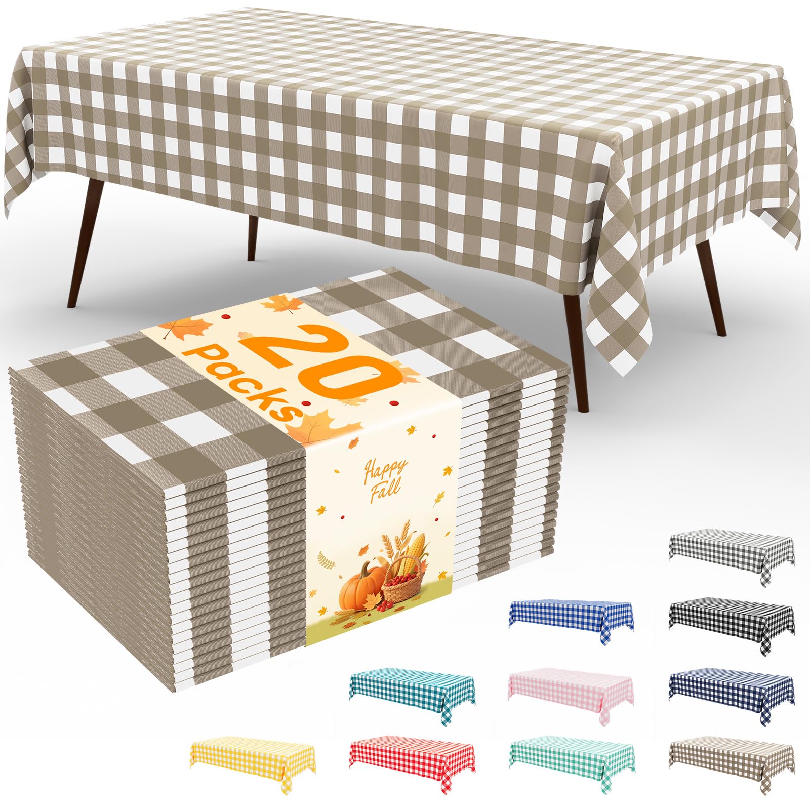 Photo 1 of misaya 20 Packs Buffalo Disposable Table Cloth, 54 x 108 Inch Waterproof Plastic Tablecloth, Rectangle Khaki and White Checkered Table Covers for Fall, Thanksgiving Decorations
