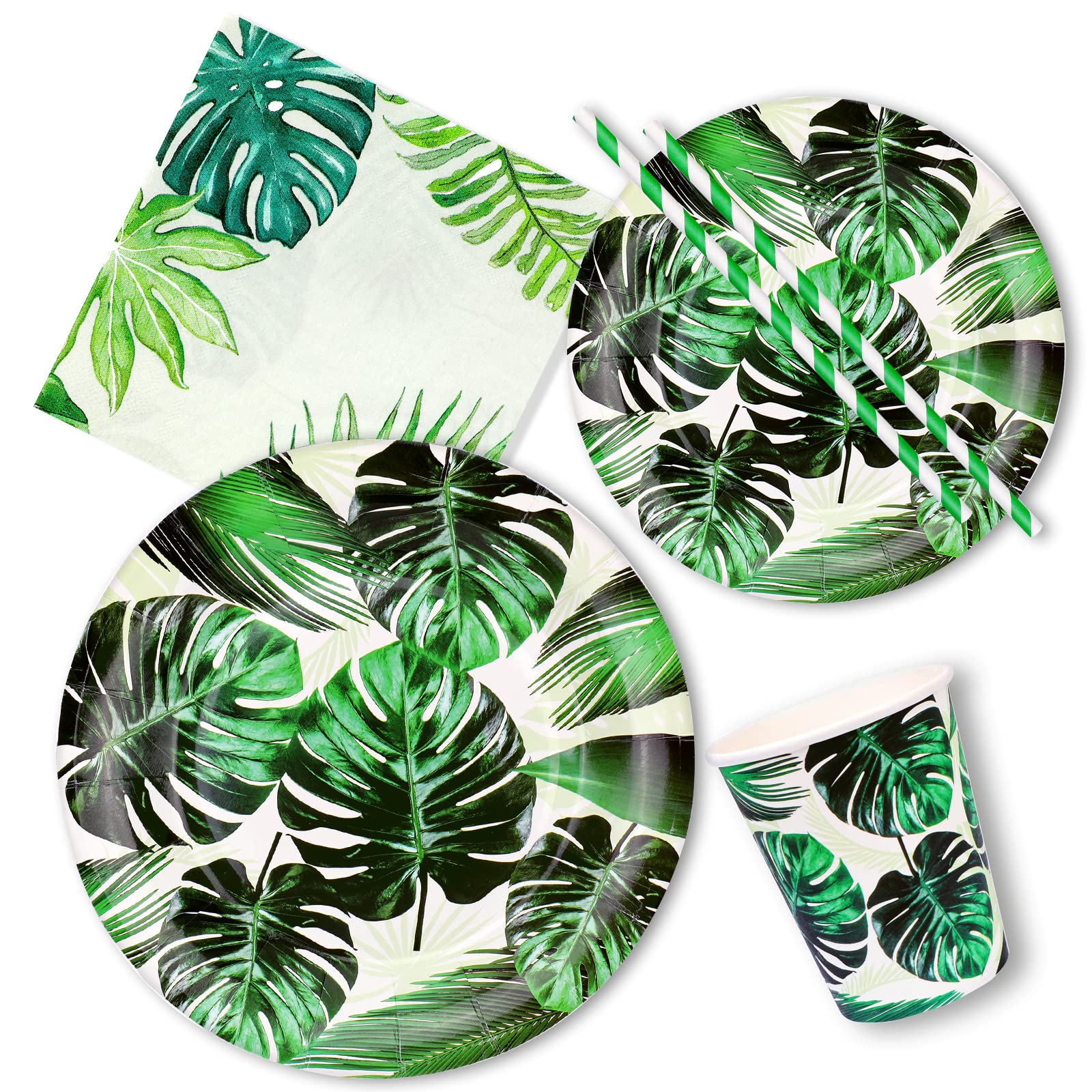 PHOGARY 60 PCS Tropical Green Leaves Tableware Set - Jungle Party Decorations, Paper Plates, Napkins, Cups for Kids Birthday, Camping, Beach, Hawaiian Theme Summer Party Supplies, Serves 10 Guests