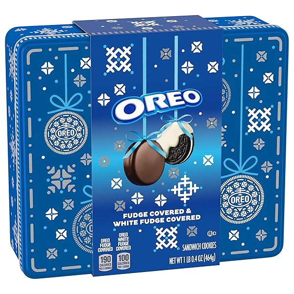 OREO FUDGE AND WHITE FUDGE COVERED CHOCOLATE SANDWICH COOKIES, HOLIDAY COOKIES, 1.02 LB TIN