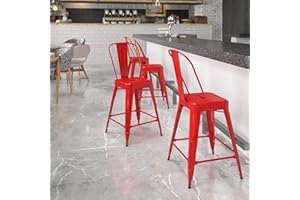 EMMA + OLIVER Commercial Grade 24" H Red Metal Indoor-Outdoor Counter Height Stool w/Back