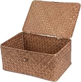 FEILANDUO Wicker Shelf Baskets with Lid Large Seagrass Storage 32x22x15 cm