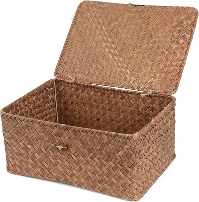 FEILANDUO Wicker Shelf Baskets with Lid Large Seagrass Storage 32x22x15 cm