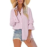 Gleeivy Oversize Striped Button Down Shirts Women Smocked Boyfriend Long Sleeve Blouse Ruffle Casual Tops with Pocket