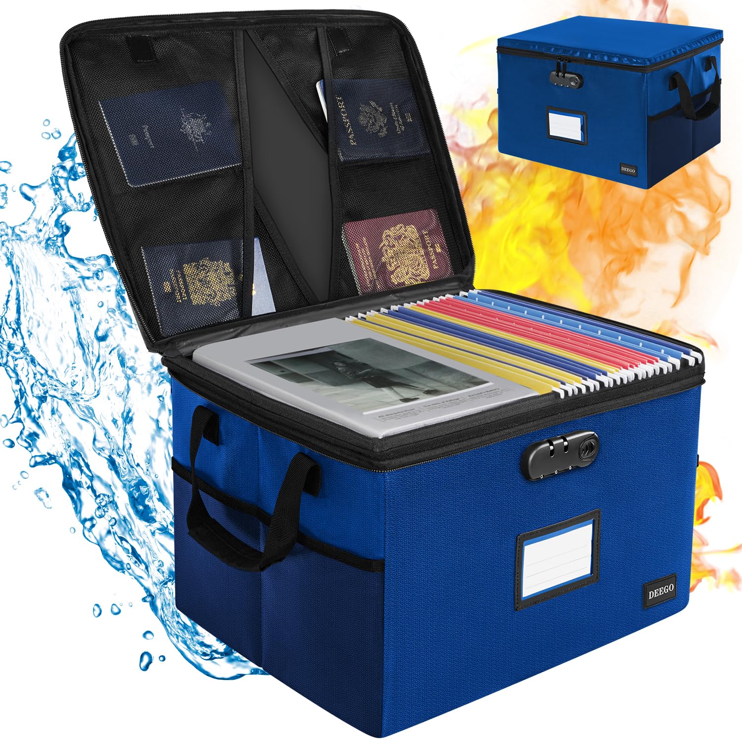 Photo 1 of DEEGO File Box with Lock, Fireproof Document Box Organizer for Important Document, Fireproof Lockbox Safe For Home, Collapsible File Storage Box with Handle for Hanging Letter/Legal Folder, Blue
