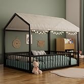 House Shape Full Size Montessori House Bed Metal Floor Bed Full Bed, Black | Sturdy Metal Frame House Bed Frame with Fence, Montessori Style No Slats Floor Bed, Easy Assemble, Canopy Not Included