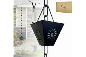 U-nitt Rain Chain Water Collection for Gutters, Rainwater Catcher & Diverter, 8.5 FT Chains for Outside Garden, Black Square Cups, Roof Downspout, Works with Heavy Rain, w/Gutter Clip for Rainchains