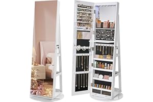 SONGMICS 6 LEDs Lockable Mirror Jewelry Cabinet, 360° Swivel Jewelry Organizer Armoire Standing, Frameless Full-Length Mirror, 3 Storage Shelves, Christmas Gifts, White Surface Black Lining UJJC007W01