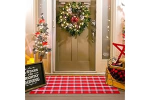 HOMYDECOR Christmas Red and Green White Plaid Rug - 24"x 51" Outdoor Front Door Mat, Cotton Washable Hand-Woven Rug for Layered Doormat, New Year Christmas Decor Carpet for Porch, Entryway
