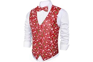BARRY.WANG Barry. Wang Mens Christmas Vest with Snow/Snowman/Christmas Tree Red/Green Holiday Waistcoat Bowtie Set Party Halloween