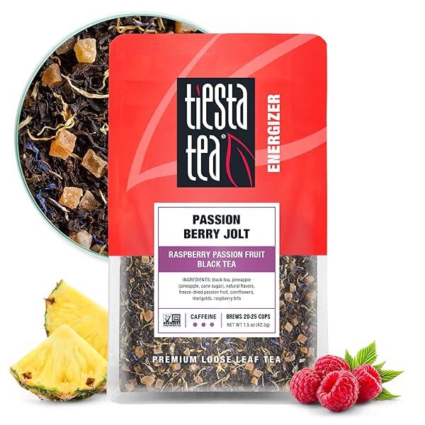 TIESTA TEA – PASSION BERRY JOLT | LOOSE LEAF | RASPBERRY PASSION FRUIT BLACK TEA | PREMIUM CAFFEINATED BLACK BLEND | MAKE HOT OR ICED & BREWS UP TO 25 CUPS | 1.5 OUNCE RESEALABLE POUCH
