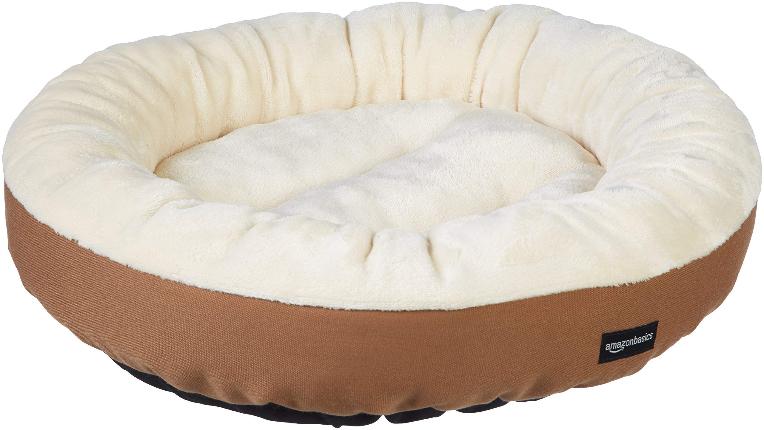 Amazon Basics Round Bolster Pet Bed for Dog or Cat with Flannel Top, 50 x 50.8 x 15.2 Th cm, Brown and Ivory