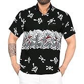 LA LEELA Men's Halloween Hawaiian Short Sleeve Button Up Beach Caribbean Shirt Fashion Pirate Cruise Shirts for Men L Skull Crossbones Black