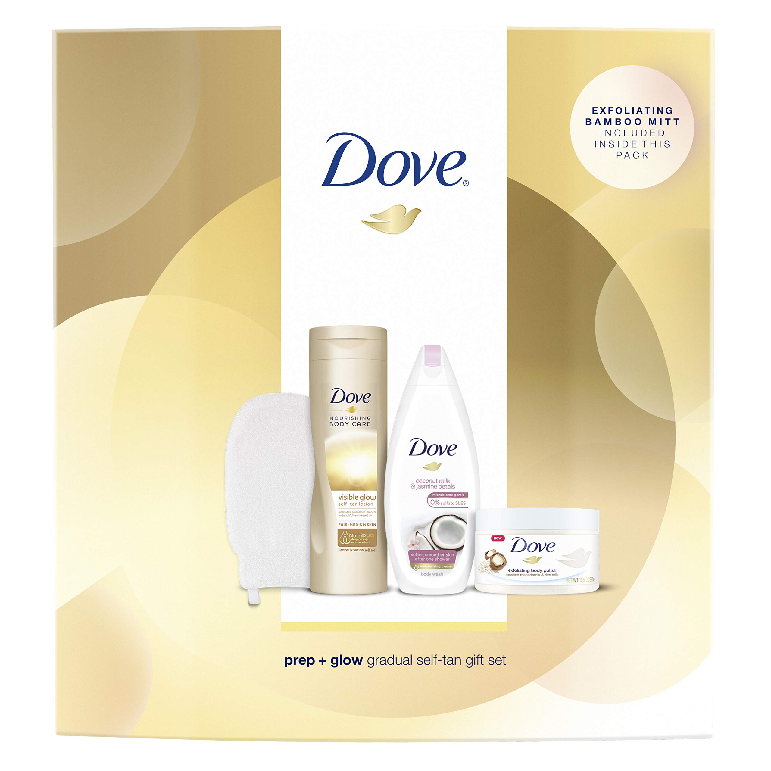 Dove Prep and Glow Gradual Self Tan Collection with Body Mitt Gift Set for women 3 piece