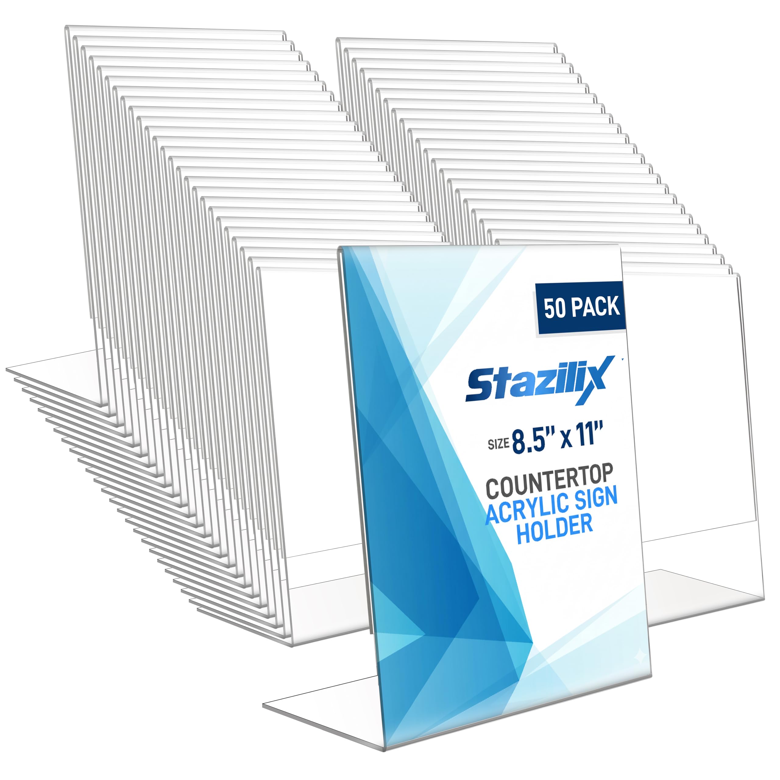 Photo 1 of **some damaged *** Stazilix 50 Pack Acrylic Sign Holder 8.5x11, Standing L-Shape Vertical Menu Holder Stand, Flyer Display Stand, Table Paper Holder, Plastic Sign Display Stand for Restaurants, Store, Office
