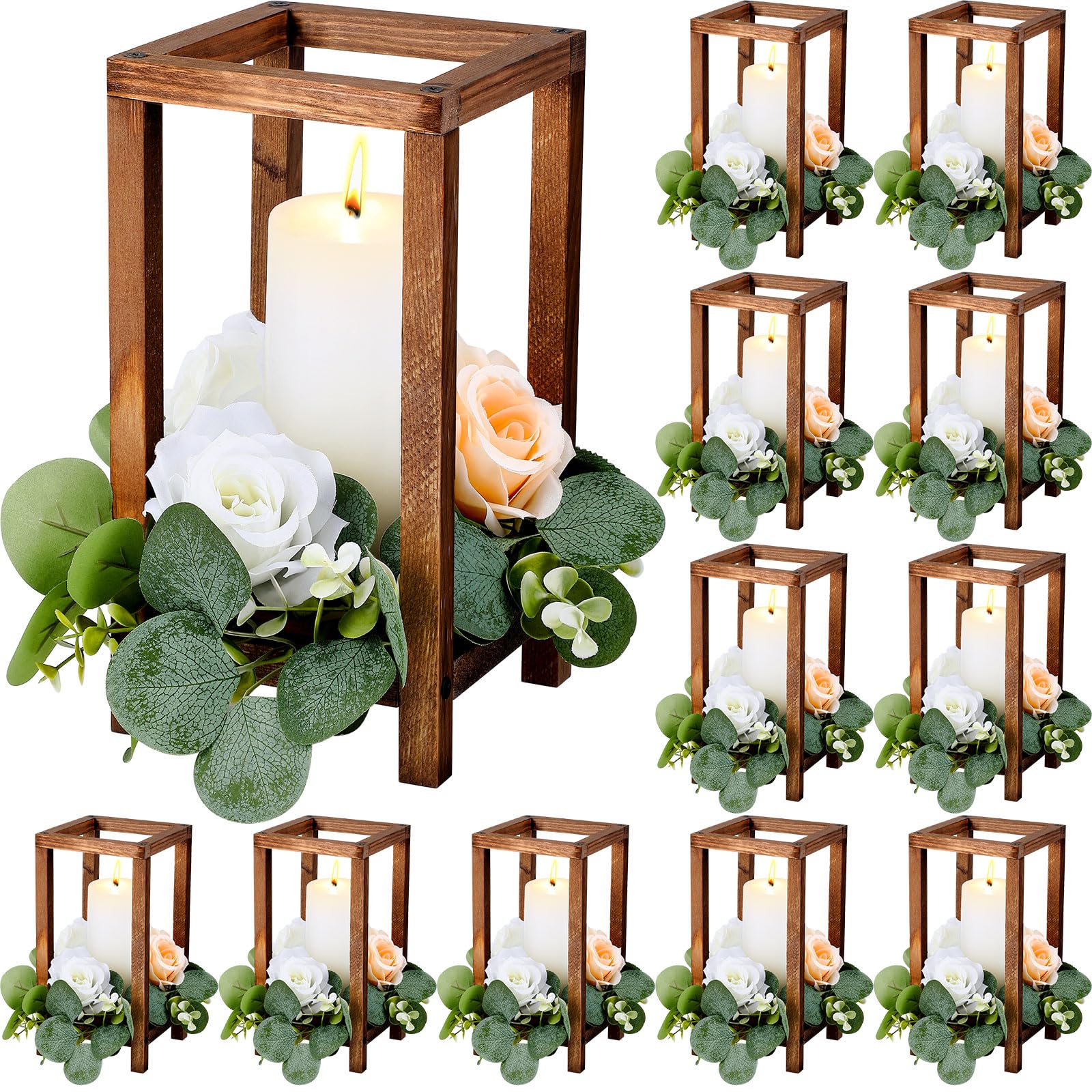 Photo 1 of Geelin 12 Set Wooden Wedding Lantern Centerpiece Decor Baptism Lantern Candle Holder for Table Centerpiece Wedding Party Baby Shower Home Country Porch Patio Decor(10.59'',Wood Color)