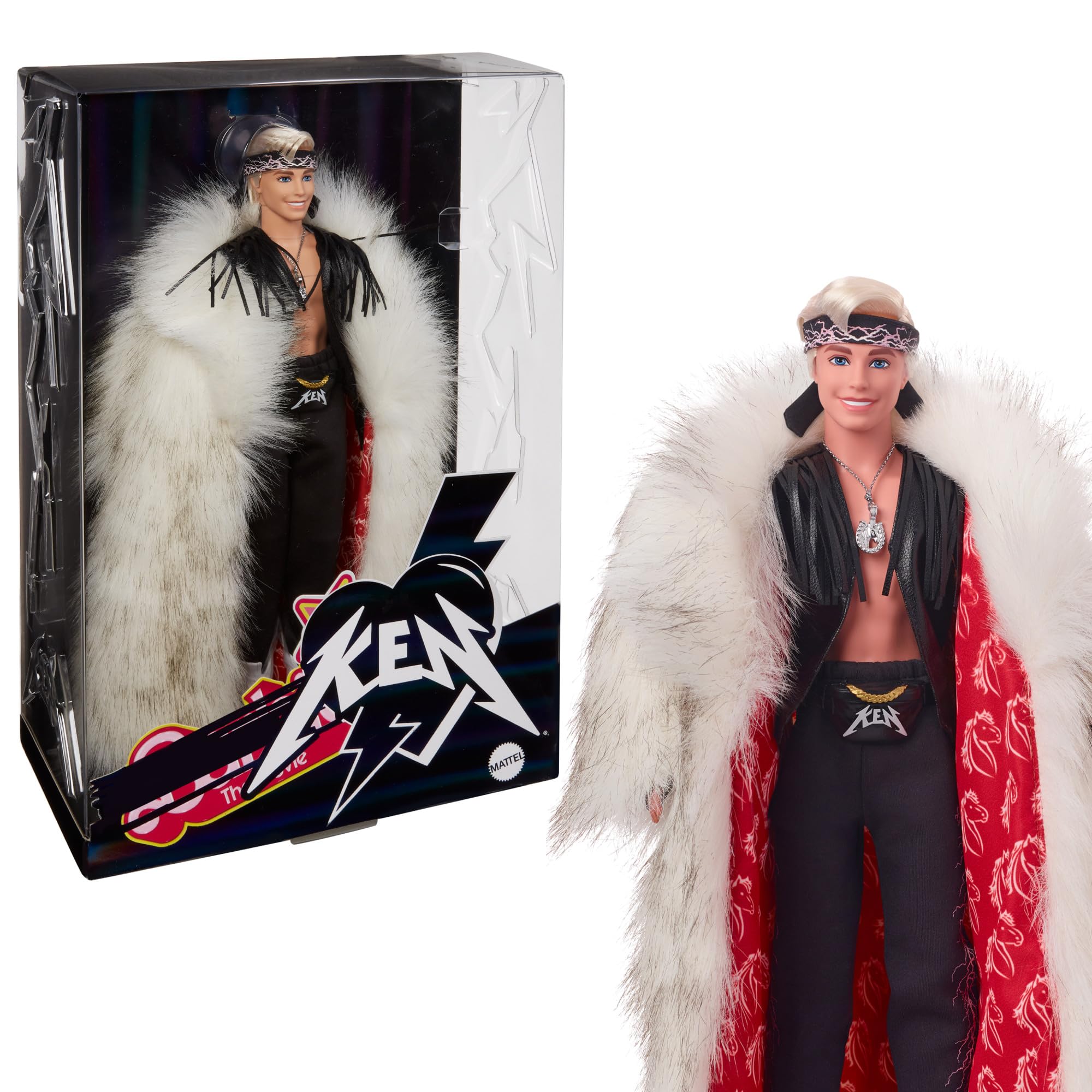 Photo 1 of Barbie The Movie Collectible Ken Doll Wearing Big Faux Fur Coat & Black Fringe Vest with Bandana (Amazon Exclusive)