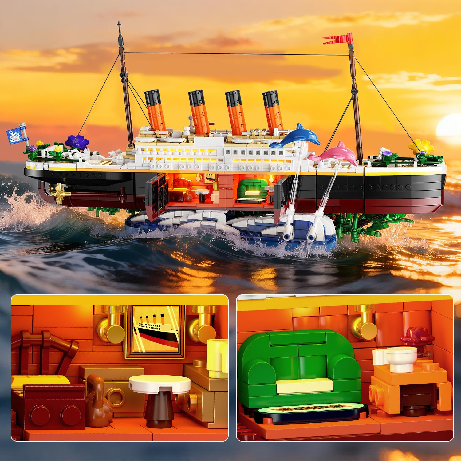 INSOON Blumen Titanic Bauspielzeug mit Licht, 1860 Stück Titanic Schiff Modell Klemmbausteine mit Blumen & Pflanzen, Deko Bausteine Geschenk für Erwachsene Jugendliche Jungen Mädchen ab 12 Jahren 3