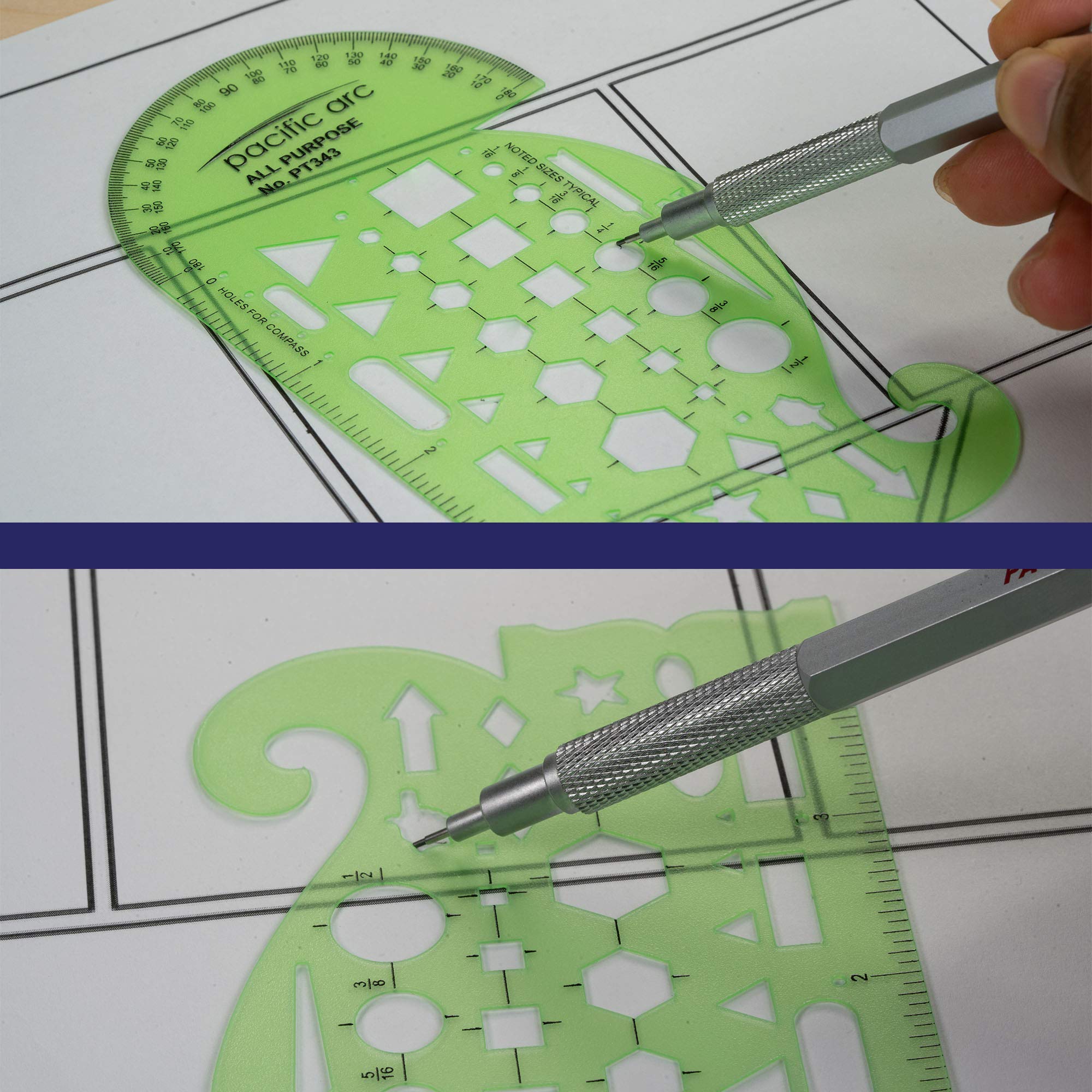 Pacific Arc All Purpose Template Guide, Featuring A Protractor, 4 Inch Ruler, French Curves, and Standard Shapes