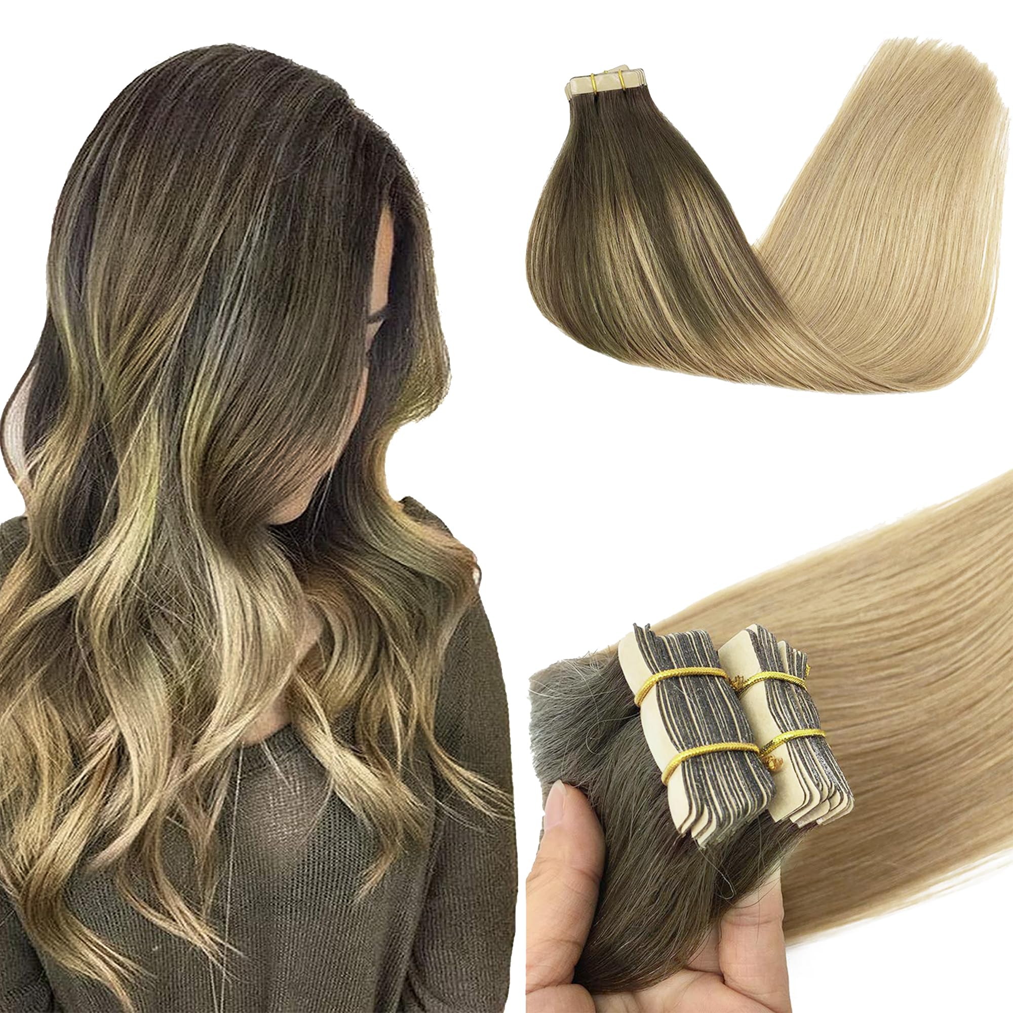 GOO GOO Tape in Hair Extensions human hair, tape Hair Extensions, 18inch 50g 20pcs, Human Hair Extensions, 4/18 Chocolate Brown Highlighted Dirty Blonde