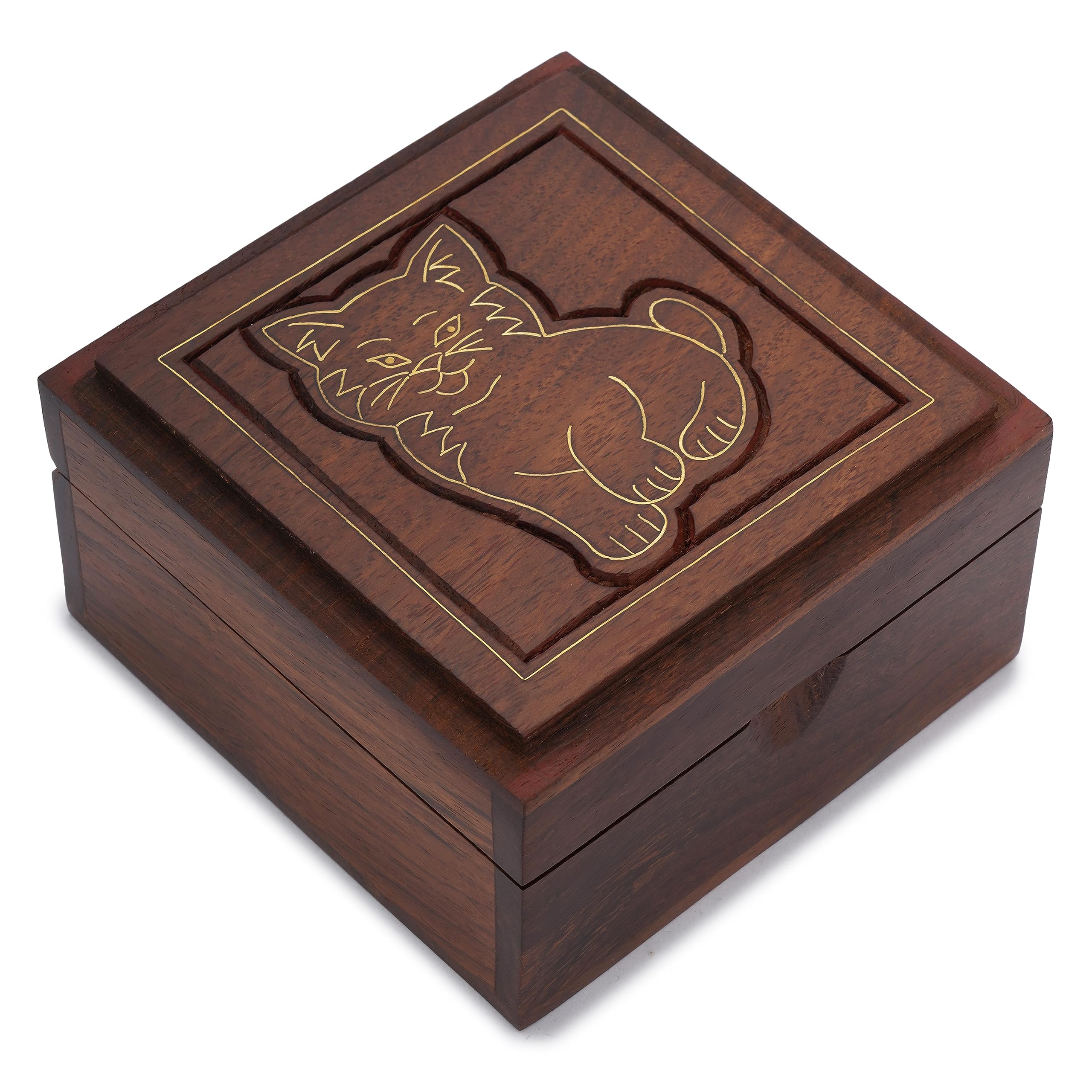 Ajuny Handcrafted Decorative Wooden Jewelry Box Cat Design Brass Inlay Hand carved Multipurpose Keepsake Jewellery Storage Travel Organizer Treasure Chest Trinket Holder Great Gifts 4x4 Inch