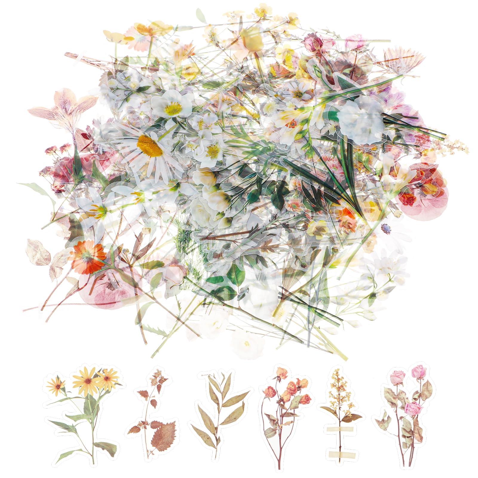 120Pcs Vintage Floral Stickers Set Scrapbook Stickers PET Material Retrop Pressed Flower Stickers for Phone Case Stickers Suitable for Bullet Journaling Journal Scrapbook Notepads