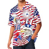 AOBUTE Men July 4th Button Shirts American Flag Hawaiian Shirt Star Stripe Holiday Top