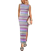 PRETTYGARDEN Womens Maxi Tank Spring Dress Sleeveless Crew Neck Striped Side Slit Casual Long Bodycon Dresses