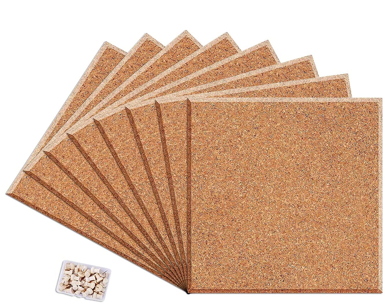 Square Cork Board Tiles with Full Sticky Back, Big Size Cork Board, Small Wall Bulletin Boards Mini Pin Board with 50 Push Pins for Pictures, Photos, Drawing Pack of 8 (21cmx21cmx0.8cm)