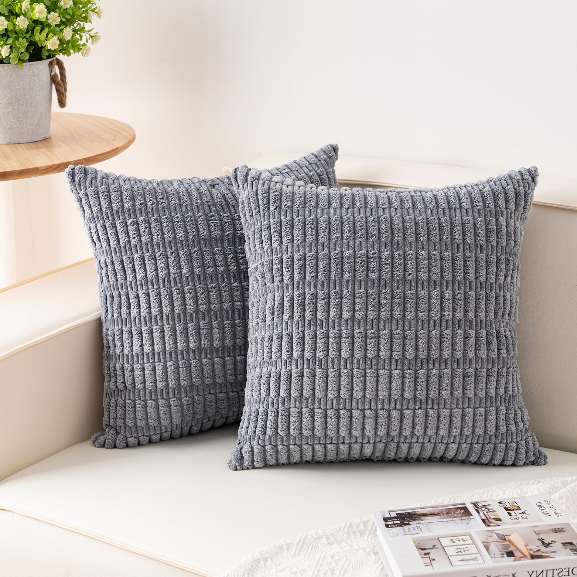 Photo 1 of Aegero Pack of 2 Corduroy Decorative Throw Pillow Covers 18x18 InchSoft Boho Striped Pillow Covers Modern Farmhouse Home Decor for Sofa Living Room Couch Bed(Light Grey)