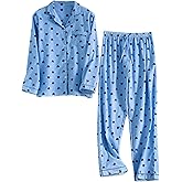 DWPEXLET Women Pajamas Set Flannel Cotton Long Sleeve Button Down Top Pants Warm Sleepwear S-XL
