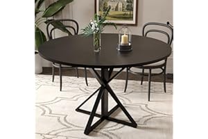47" Round Dining Table for 4, Wooden Tabletop with Metal Pedestal, Space-Saving Circle Dinner Table for Home Kitchen
