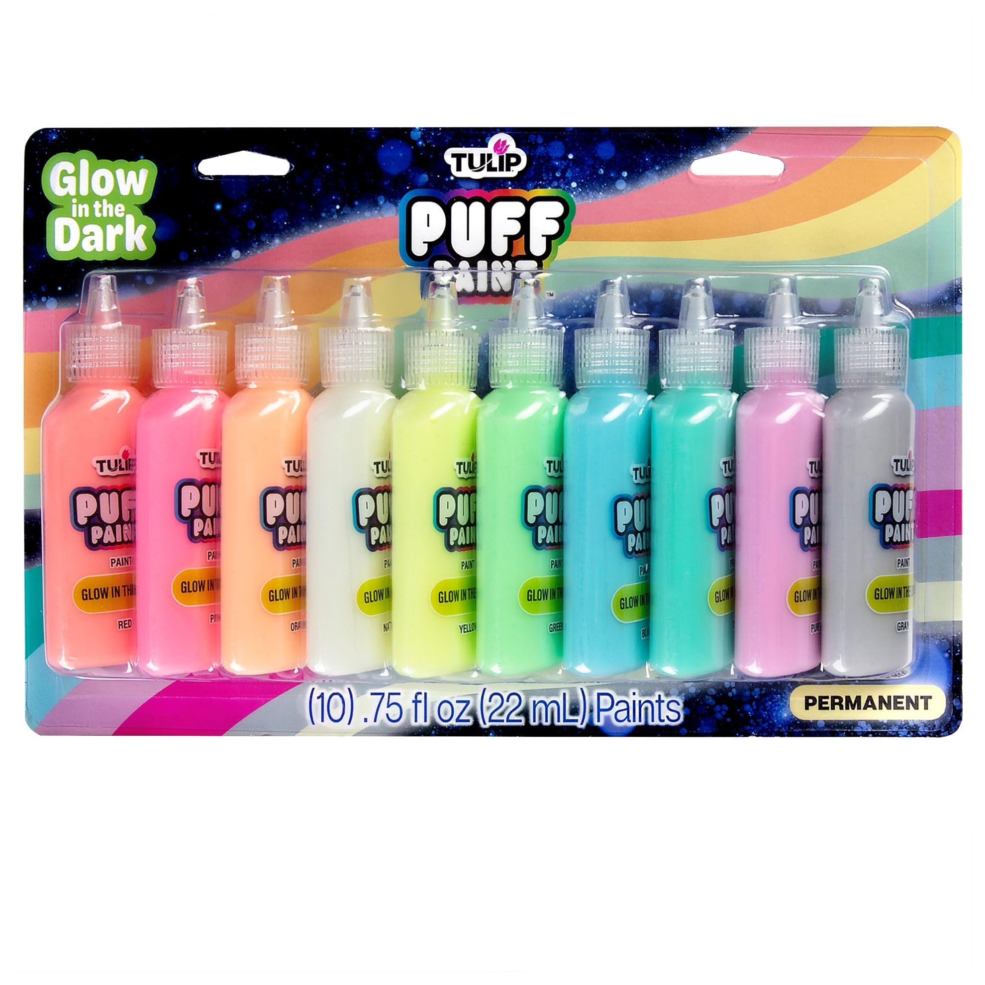 Tulip Puff Paint Glow in the Dark Colors 10-pack, Multi-Surface, Premium Quality, Nontoxic & Waterproof Craft Paint, Permanent on Fabric, 10-pack