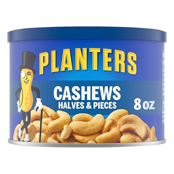 PLANTERS CASHEW HALVES & PIECES, 8 OZ CANISTER – CASHEWS ROASTED IN PEANUT OIL – SEASONED WITH SEA SALT – SNACKS FOR ADULTS – RESEALABLE LID FOR LONG-LASTING FRESHNESS – KOSHER