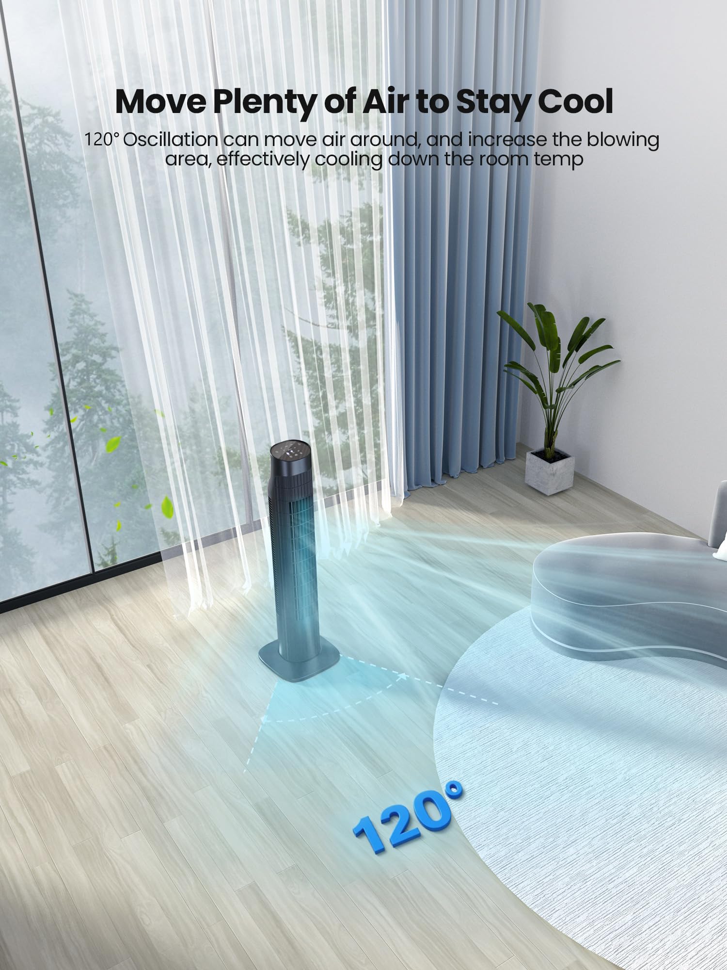 Uthfy 31 Inch Tower Fan for Bedroom, 120° Oscillating Quiet Standing Bladeless Fan With Remote, 7.5H Timer, 3 Speeds, 3 Modes, for Room, Dorm, Office, Black