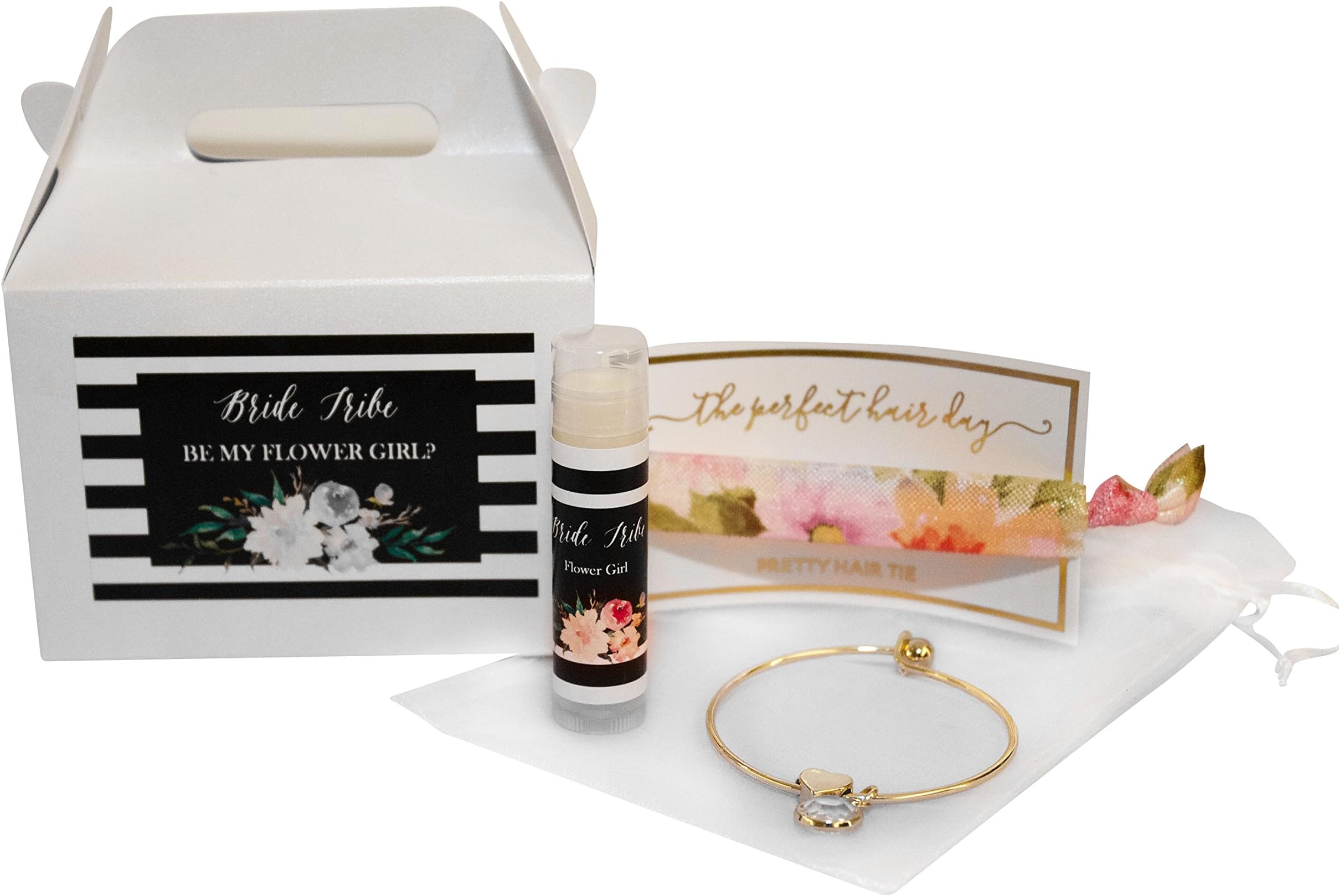 The French Concept Flower Girl Gift and Thank You Proposal Box Includes Gold Charm Bracelet, Lip Balm, and Hair Tie