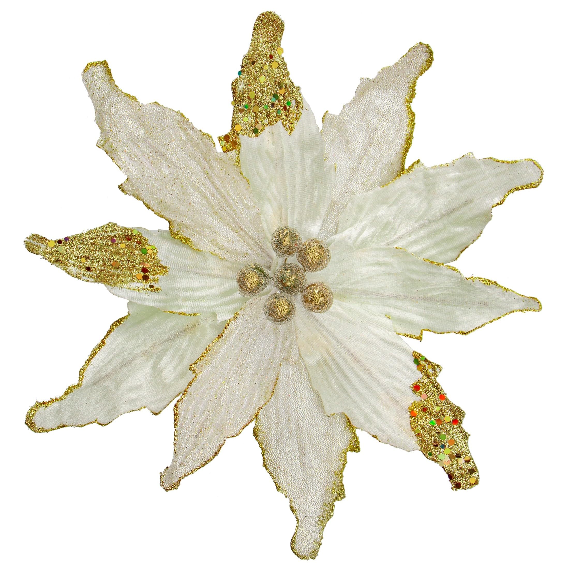 Briful 4 PCS 12" Glitter Poinsettia White Artificial Flowers Stem for Christmas Tree Decorations Fake Poinsettia Flowers Large Artificial Christmas Flowers Arrangements for Xmas Decorations