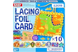 EZCRA Premium Foil Edge Lacing Cards for Kids Ages 3-6 | 10 Double-Sided Animal and Space Sewing Cards with Multilingual Learning | Durable Cardboard Fine Motor Skills Activity Kit