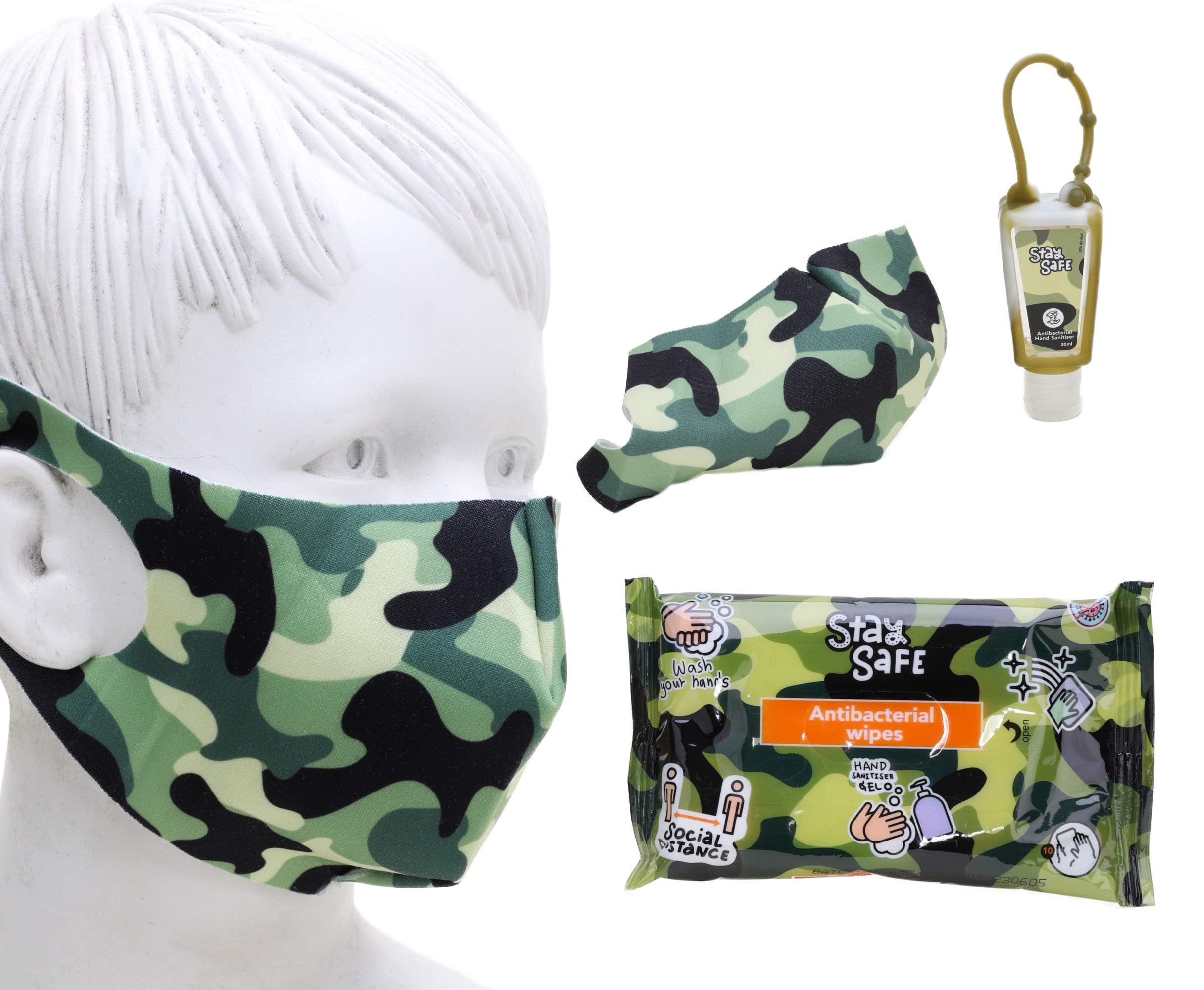 Toyland® Travel Pack - Junior Size - Face Covering - Hand Cleanser - Hand Wipes - Up to Age 16 (CAMOUFLAGE)