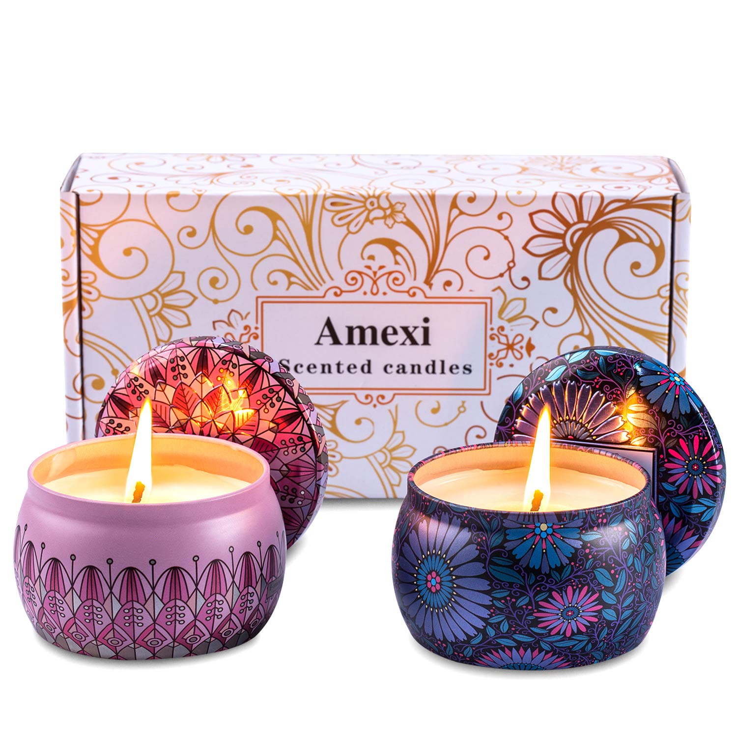 Amexi Duftkerzen, Lavendel, Rose Duftkerzen, Tragbare Reise Zinn Kerzen, 100% Sojawachs Kerze für Stressabbau und Aromatherapie, Kerzen Set - 2 Pack