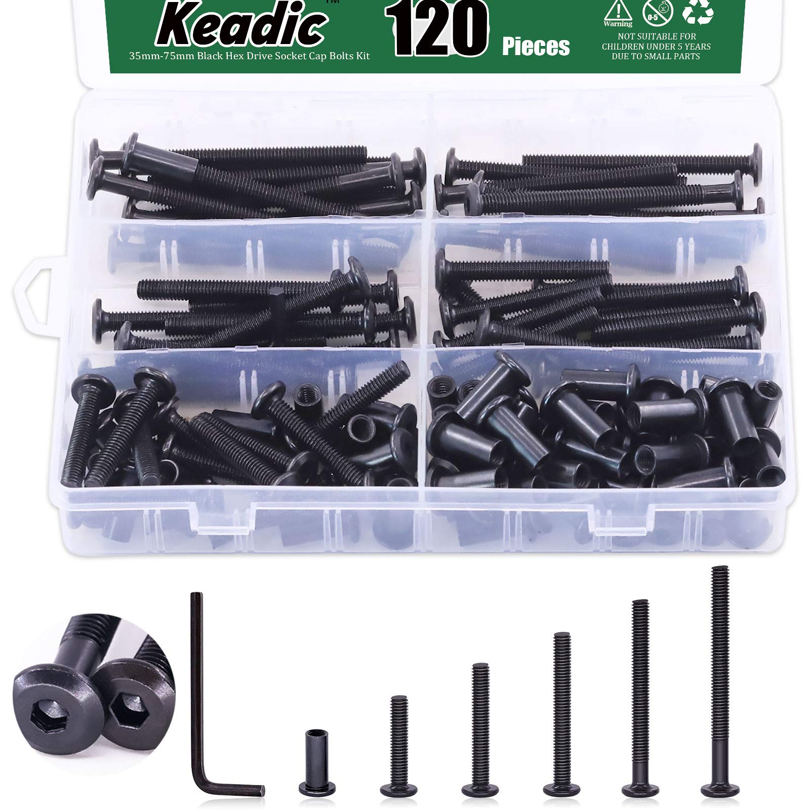 Keadic K586 141Pcs Black M6 Hex Drive Socket Cap Bolts Kit, Allen Head Countsunk Furniture Crib Bolts Nuts, M6x16/25/35/45/55/65/75