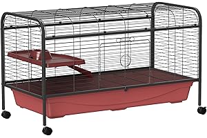 PawHut 48" L Small Animal Cage, Rabbit Hutch, or Ferret Pet Play House with Feeder, Rolling Wheels, Platform, Ramp