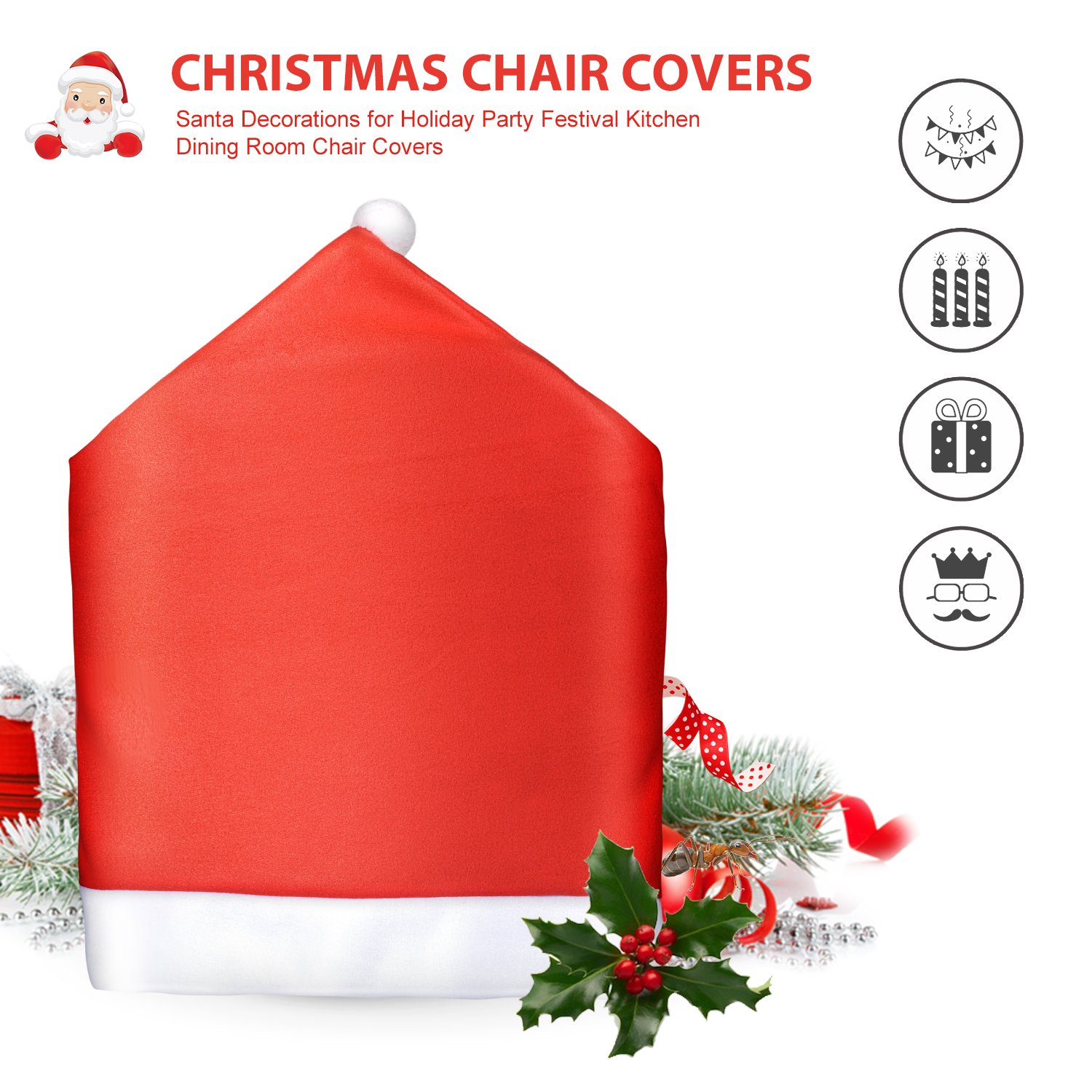 Tohsssik Christmas Chair Back Cover Santa Claus Hat Slipcovers Decoration 6 Pcs, 2018 Upgraded Design